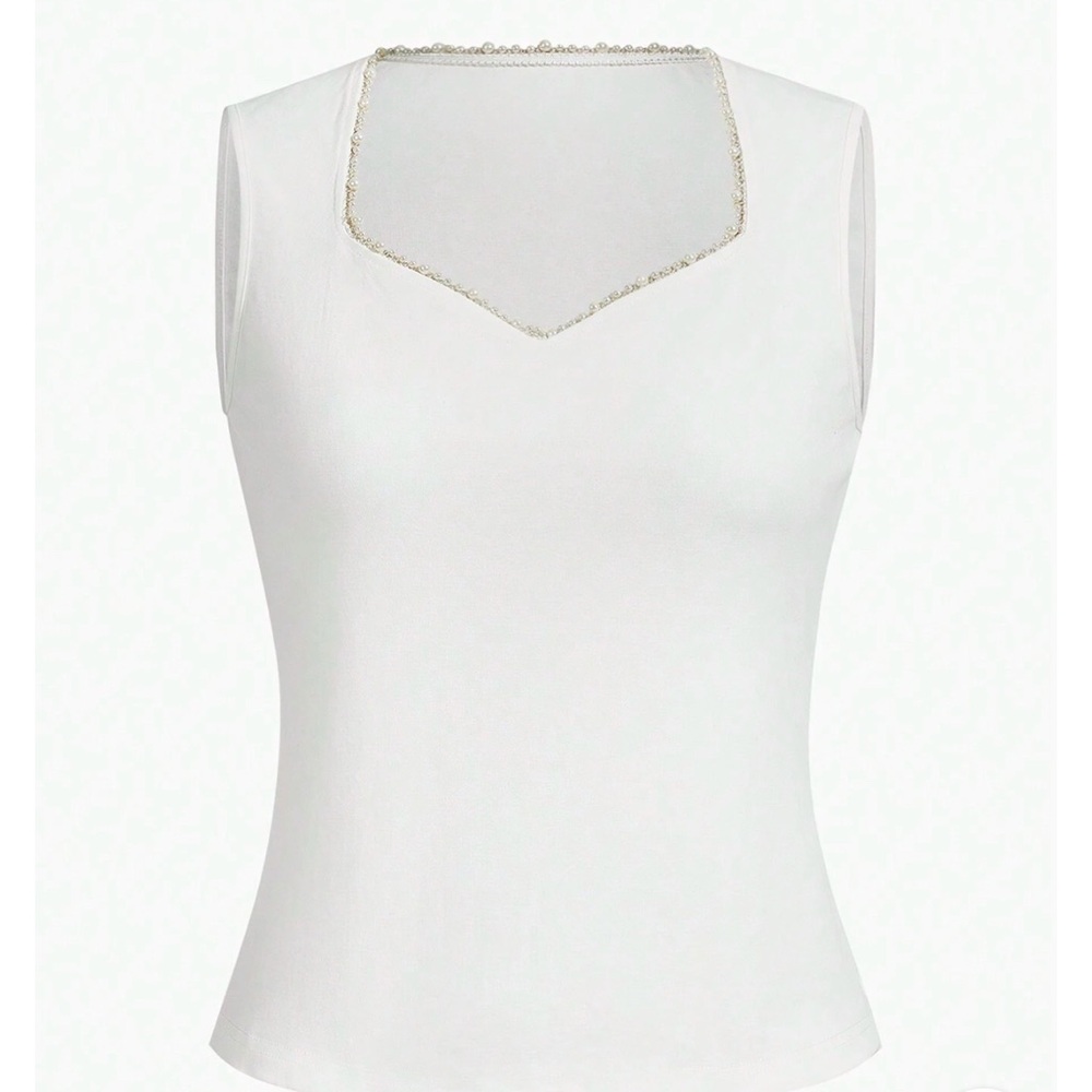 Pearl trim top sleevesless tank rhinestone beaded neckline stretch white spring - Picture 8 of 11